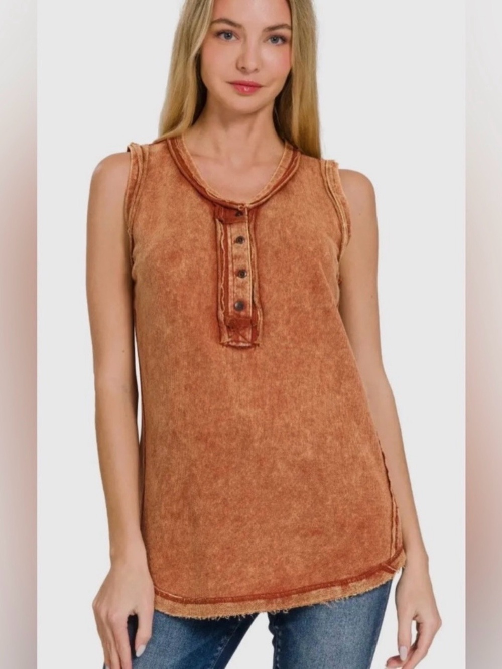 Zenana SZ LG. Washed Half-Button Raw Edge Sleeveless Henley Tank Top Rust Orange - Picture 4 of 6